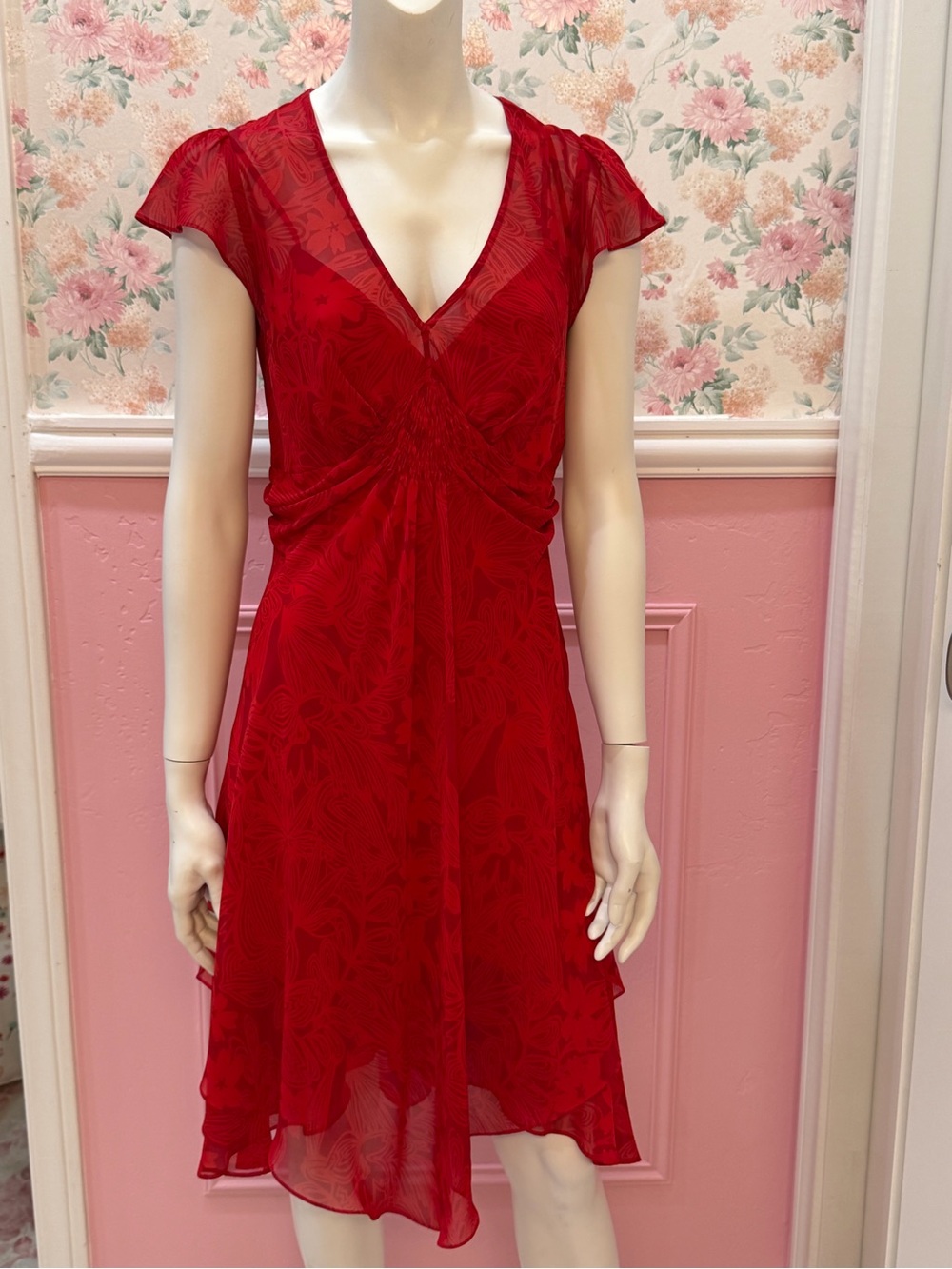 2yk Red V-Neck Floral Tiered Dress